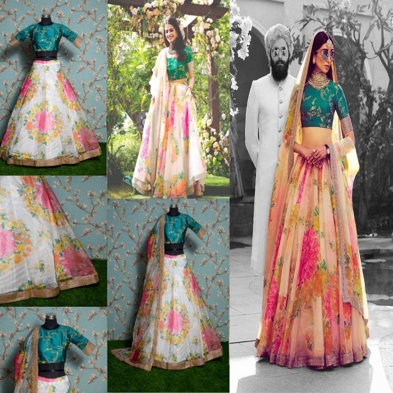 Fancy Lehenga - Khadi Organza Fabric, Waist-43", Length-43", Floral Digital Print, Elbow Sleeve Mulberry Silk Blouse, Elegant Design, Stunning Colors
