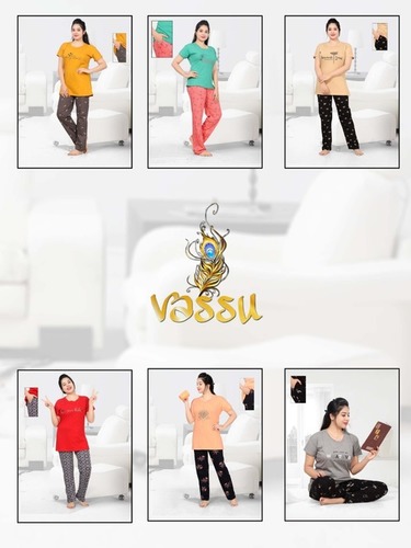 Vassu By Nigh Beauty - Cotton Hosiery Combo Set of T-Shirt and Bottom, Sizes M-XXL, Casual Ethnic Style with Embroidered Pattern and Short Sleeves