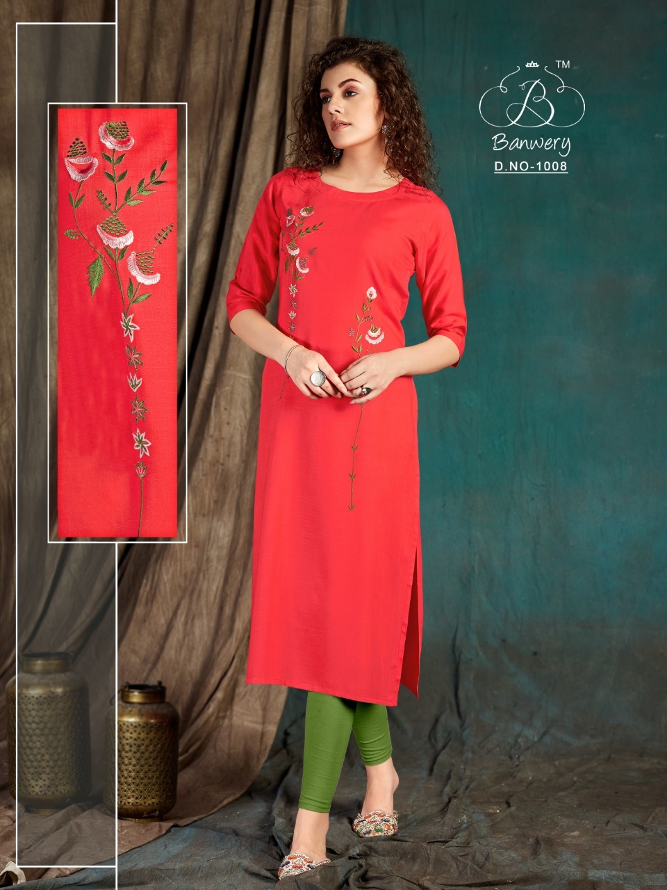 Taapsee - Heavy Slub Rayon Airjet With Embroidery Work, 46" Inch Length, Sizes M(38), L(40), Xl(42), Xxl(44), Washable, 3-4th Sleeve Style, Formal Design For Ladies