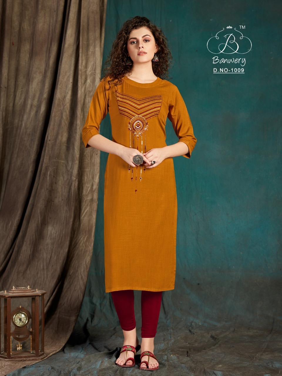 Taapsee - Heavy Slub Rayon Airjet With Embroidery Work, 46" Inch Length, Sizes M(38), L(40), Xl(42), Xxl(44), Washable, 3-4th Sleeve Style, Formal Design For Ladies