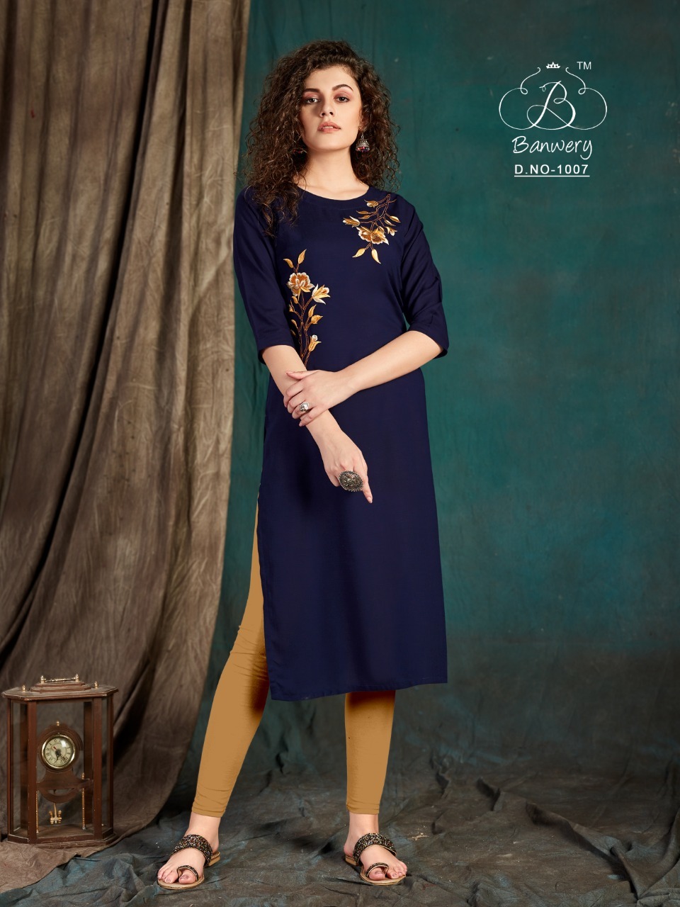 Taapsee - Heavy Slub Rayon Airjet With Embroidery Work, 46" Inch Length, Sizes M(38), L(40), Xl(42), Xxl(44), Washable, 3-4th Sleeve Style, Formal Design For Ladies