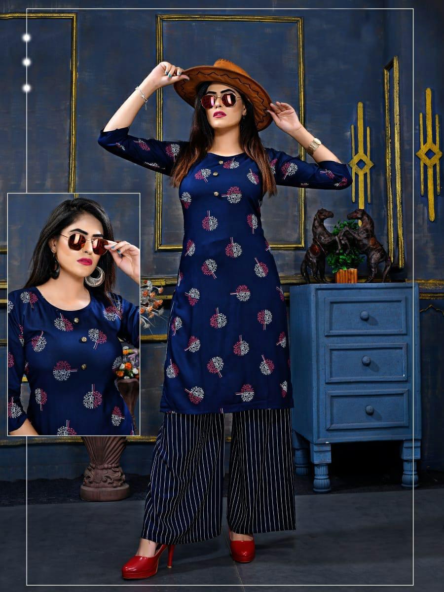 Indian Fashion By Kashish-1 - Rayon Print Top & Rayon Laheriya Print Plazo | Sizes L, Xl, 3-4th Sleeve, Washable, Printed, Formal, Suitable For All Seasons