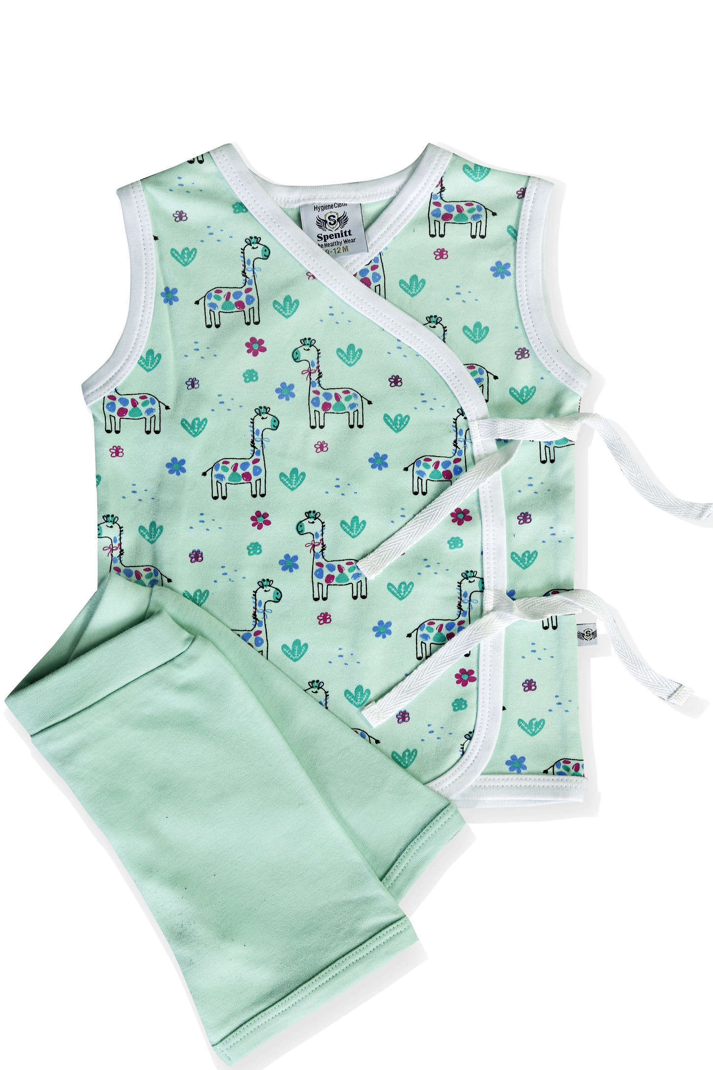 Sleeve Less Front Open T-shirt And Shorts Set - Cotton, 0 To 12 Months, V Neck, Printed With Lace Decoration | Non Toxic, Breathable, Trendy, Washable, No Fade