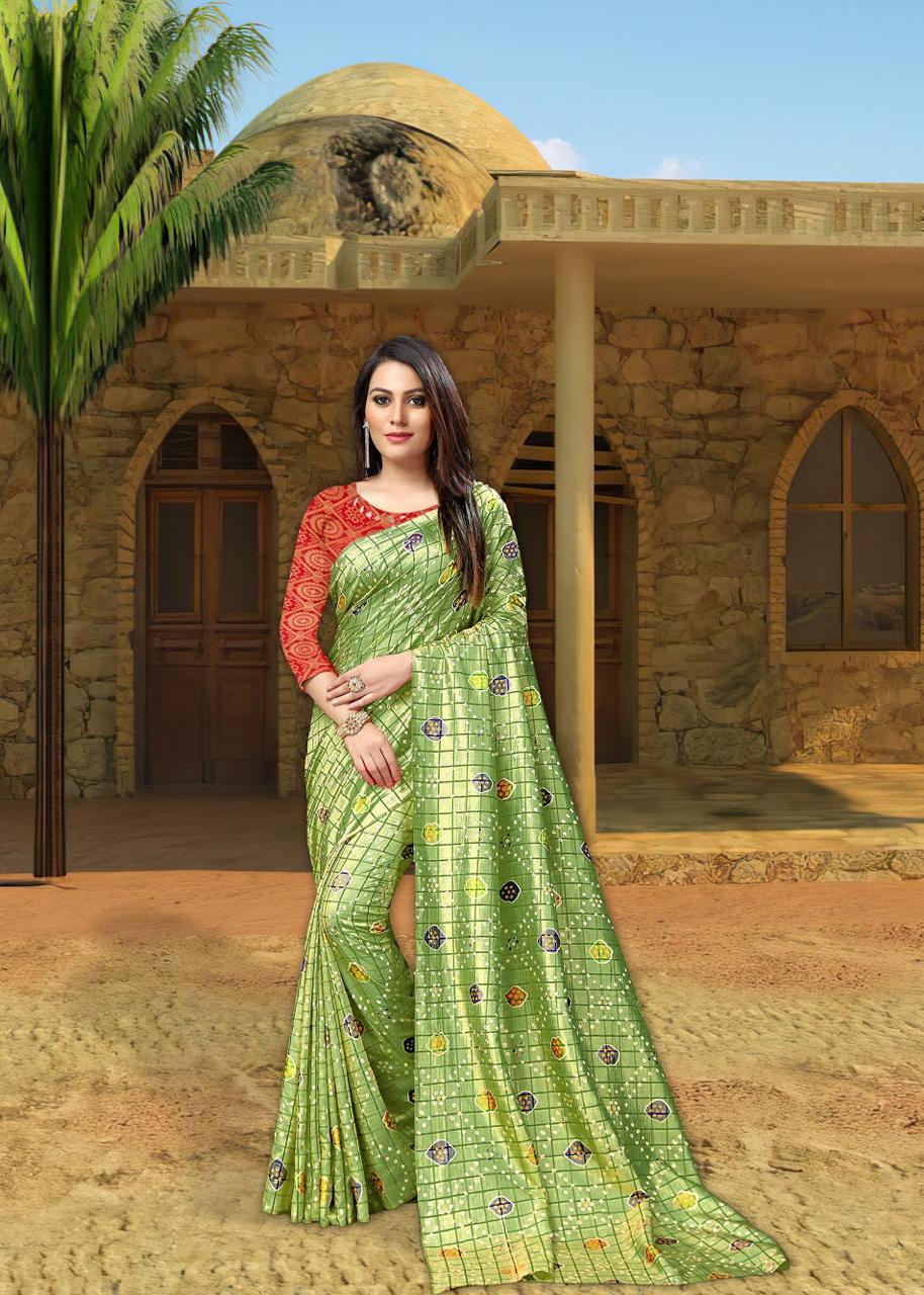 Designer Saree - Sana Silk Bandhej Saree 5.50 Mtr, Jacquard Blouse, Fenta Green Rani, Comfortable Soft