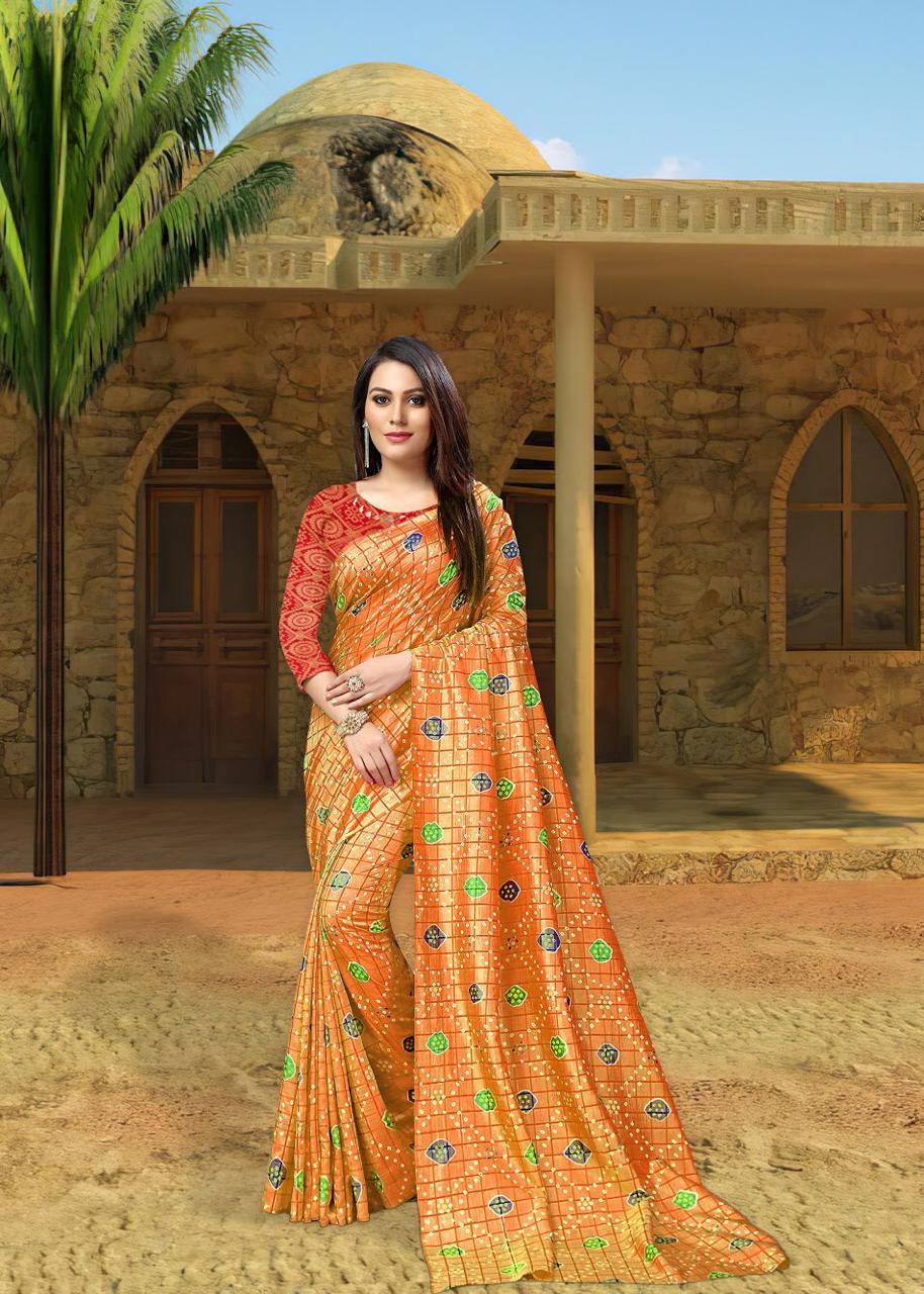 Designer Saree - Sana Silk Bandhej Saree 5.50 Mtr, Jacquard Blouse, Fenta Green Rani, Comfortable Soft