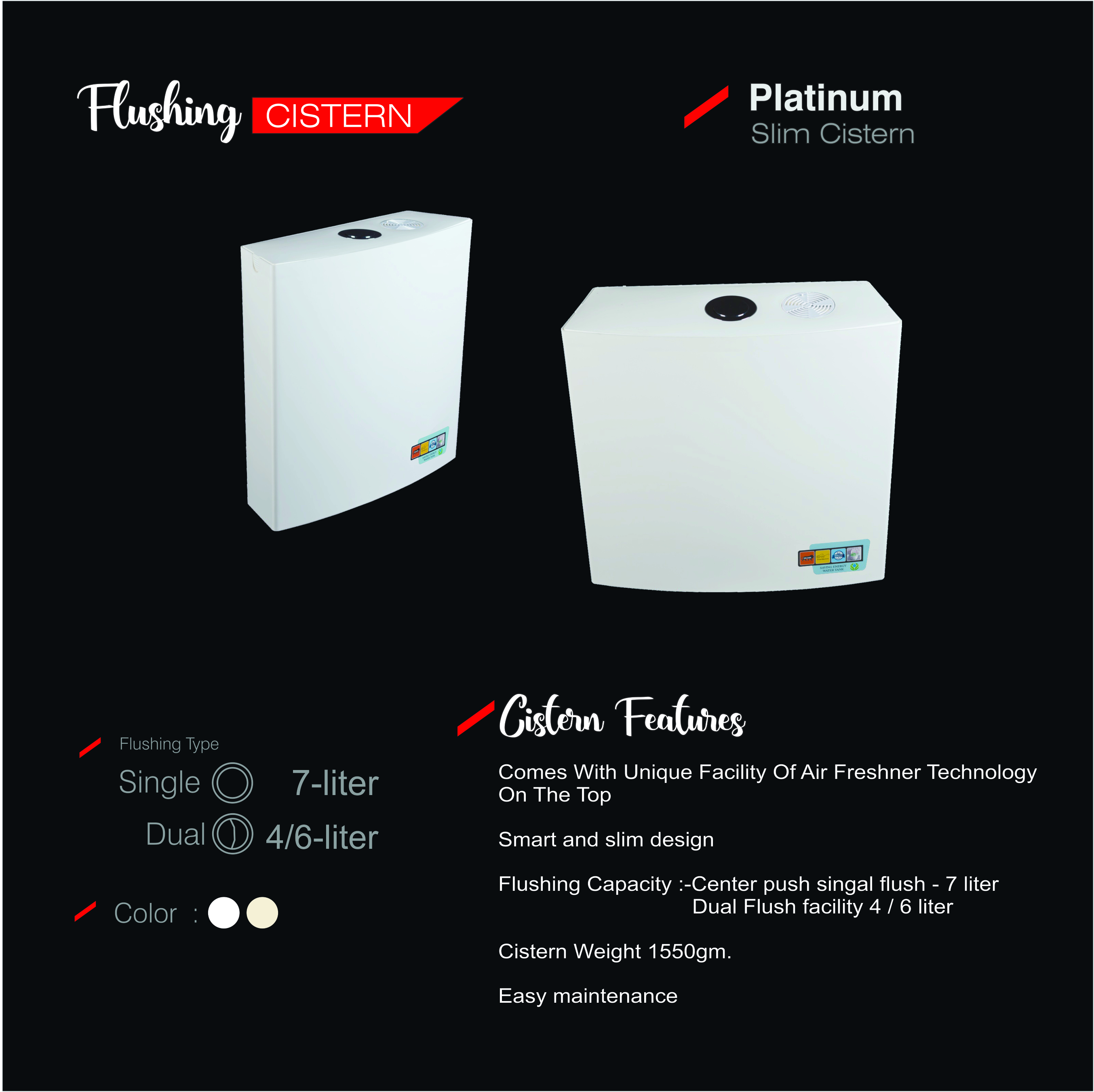 Platinum Single Flushing Cistern - Plastic, Wall Mounted, 7 Liter Dual Flush, White | Durable, Easy Maintenance, Unique Air Freshener Technology