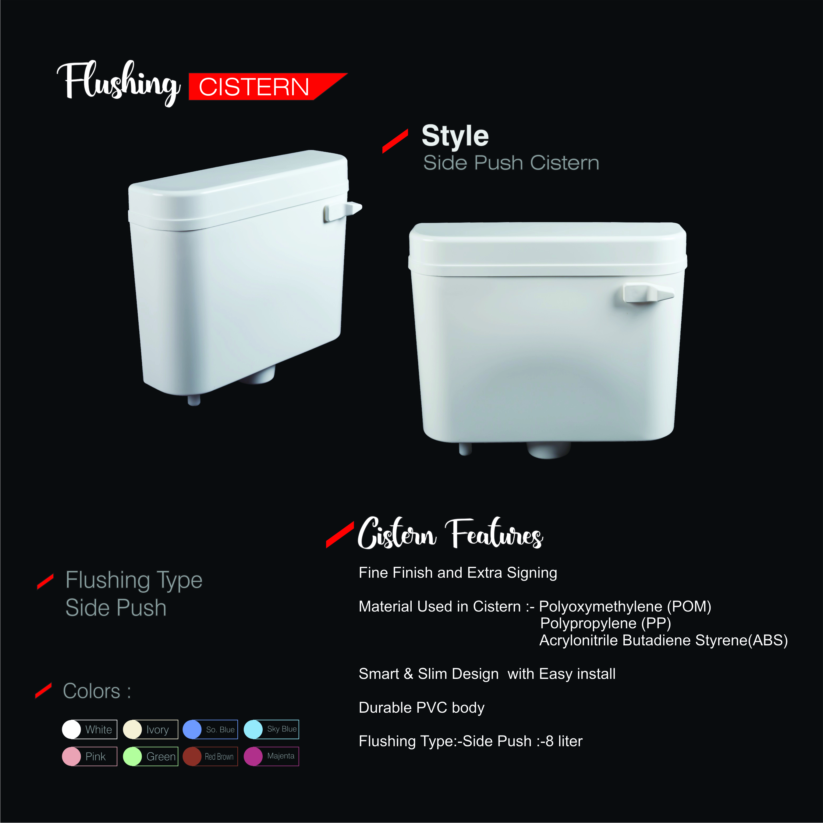 Side Push Flushing Cistern - Durable Plastic, 420mm X 325mm X 125mm, White And Ivory | Smart & Slim Design, Easy Installation, Fine Finish