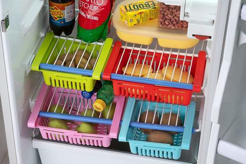 Adjustable Fridge Storage Basket Expandable Fridge Storage Rack Plastic Fridge Space Saver Food Organizer Tray (Set of 4)