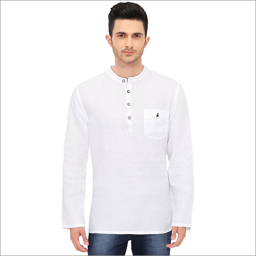 Mens White Linen Short Kurta - Long Sleeve, Sizes S-XL | Washable Fabric, Plain Design for All Seasons, Ideal for Male Wearers