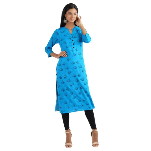 Rayon A-Line Kurta - 37 Inch Length, 3/4 Sleeve , Mandarin Neck in Blue | Available Sizes 38, 40, 42, 44