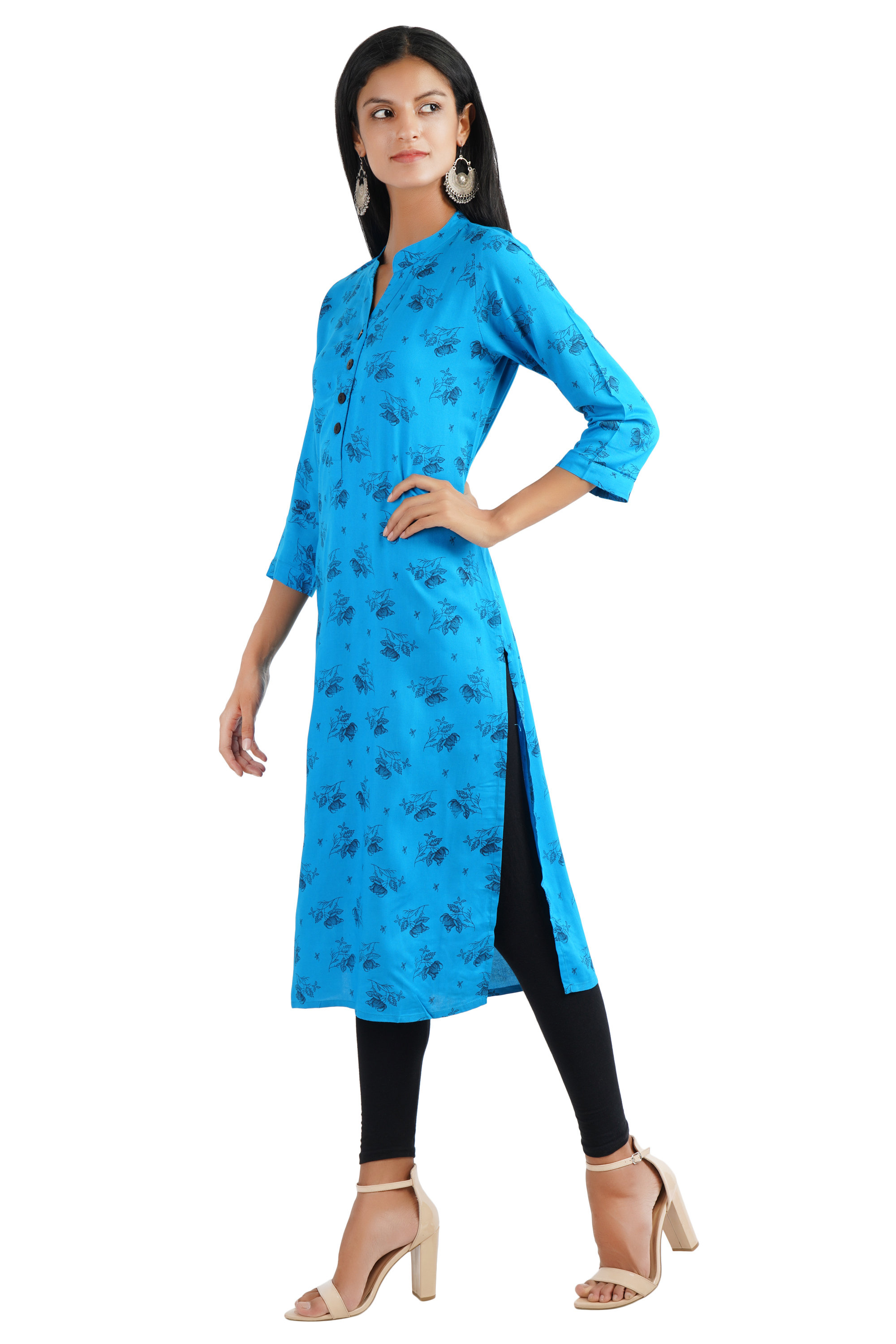 Rayon A-line Kurta - 37 Inch Length, 3/4 Sleeve , Mandarin Neck In Blue | Available Sizes 38, 40, 42, 44