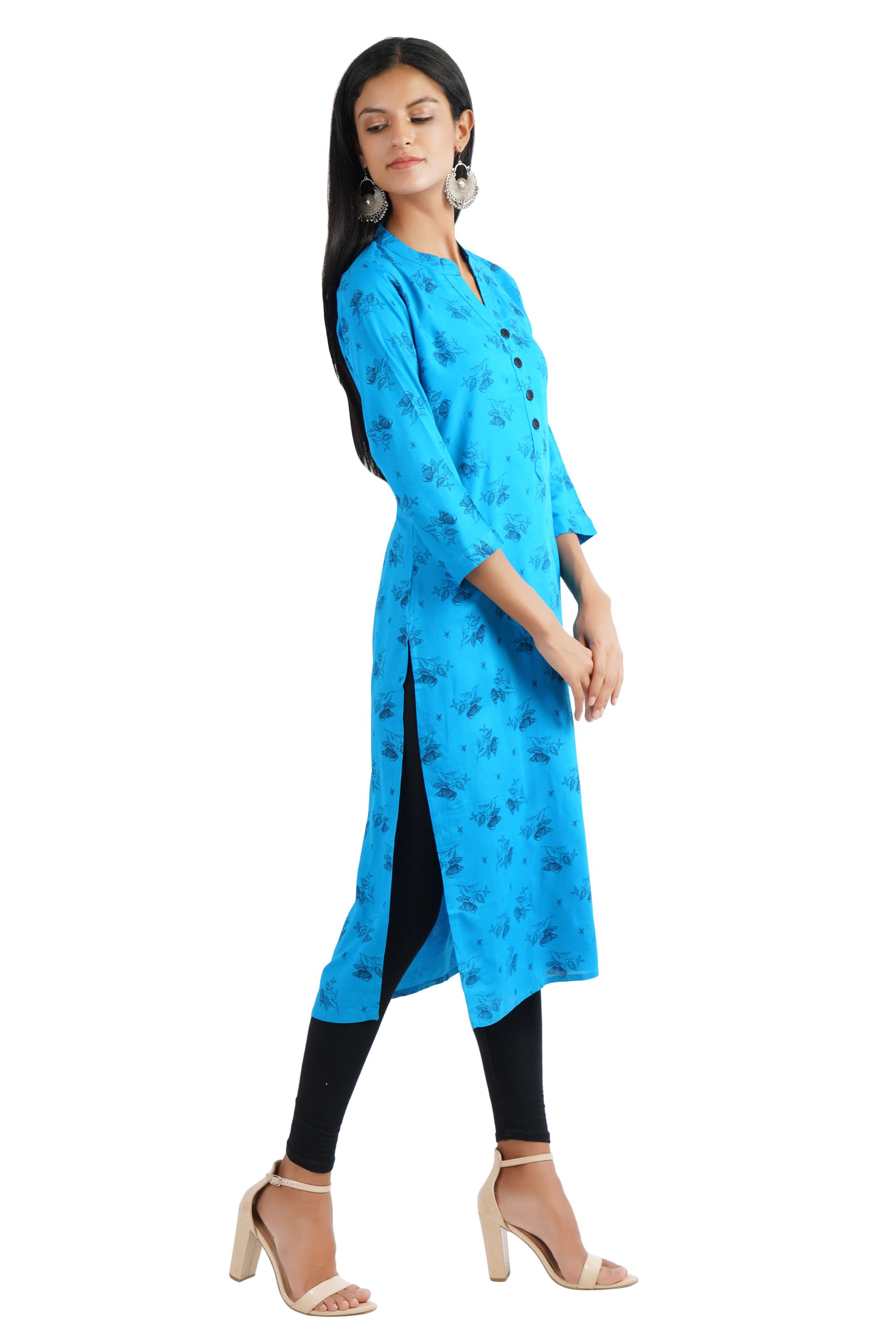 Rayon A-line Kurta - 37 Inch Length, 3/4 Sleeve , Mandarin Neck In Blue | Available Sizes 38, 40, 42, 44