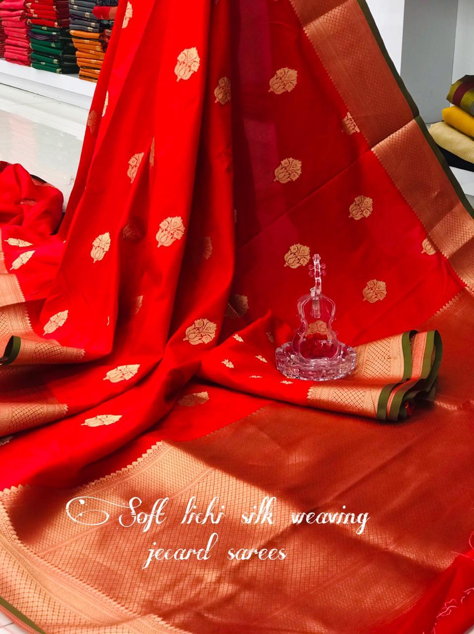 Silk Sarees - Soft Lichi Silk Woven Saree With Intricate Zari Work , Beautiful Weaving Work Blouse For Ethnic Occasions