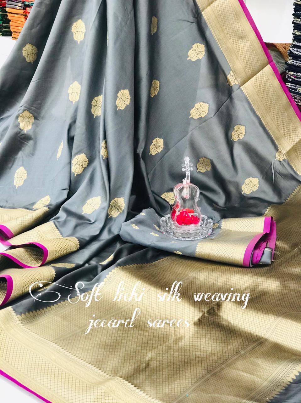 Silk Sarees - Soft Lichi Silk Woven Saree With Intricate Zari Work , Beautiful Weaving Work Blouse For Ethnic Occasions