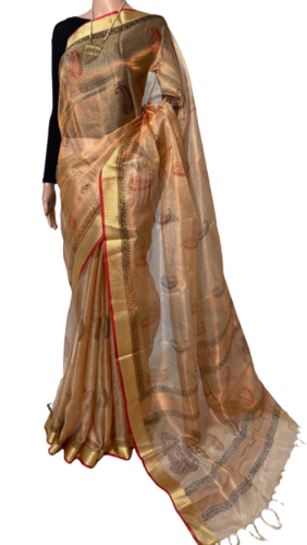 PURE TISSUE TUSSAR SILK HANDLOOM BLOCK PRINTED SAREE - 100% Silk, Luxurious Golden Base, Rich Brocade Zari Border | Perfect for Parties, All Seasons, Elegant Design