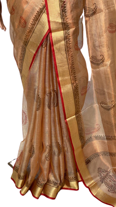 Pure Tissue Tussar Silk Handloom Block Printed Saree - 100% Silk, Luxurious Golden Base, Rich Brocade Zari Border | Perfect For Parties, All Seasons, Elegant Design
