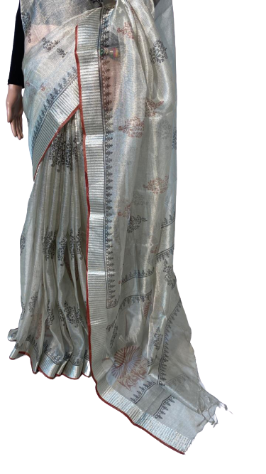Pure Tissue Tussar Silk Handloom Block Printed Saree - 100% Silk, Luxurious Golden Base, Rich Brocade Zari Border | Perfect For Parties, All Seasons, Elegant Design