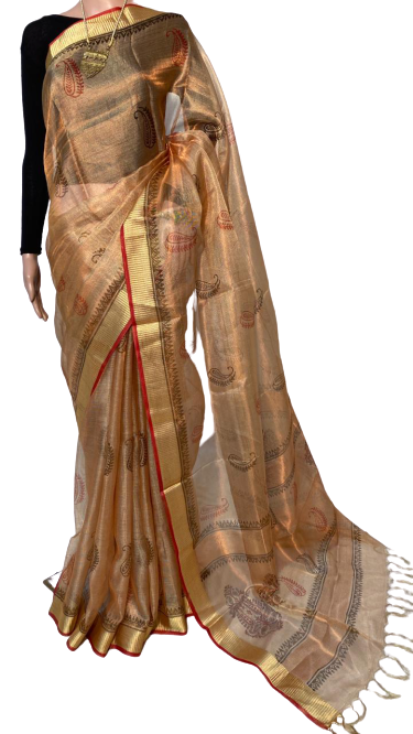 Pure Tissue Tussar Silk Handloom Block Printed Saree - 100% Silk, Luxurious Golden Base, Rich Brocade Zari Border | Perfect For Parties, All Seasons, Elegant Design