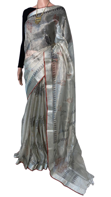 Pure Tissue Tussar Silk Handloom Block Printed Saree - 100% Silk, Luxurious Golden Base, Rich Brocade Zari Border | Perfect For Parties, All Seasons, Elegant Design
