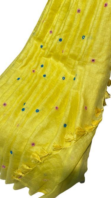 Pure Linen By Linen 120 Count Organic Saree With Real Glass Stitched By Hands - Silk Material, Perfect For Party Wear | Suitable For Rainy, Spring, Summer, And Winter Seasons