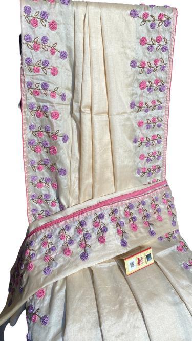 Zardozi Hand Embroidered Pure Kosa (Tussar) Silk Saree - Handcrafted Silk, Party Wear, Embroidered Design, All-season Elegance, Includes Matching Blouse