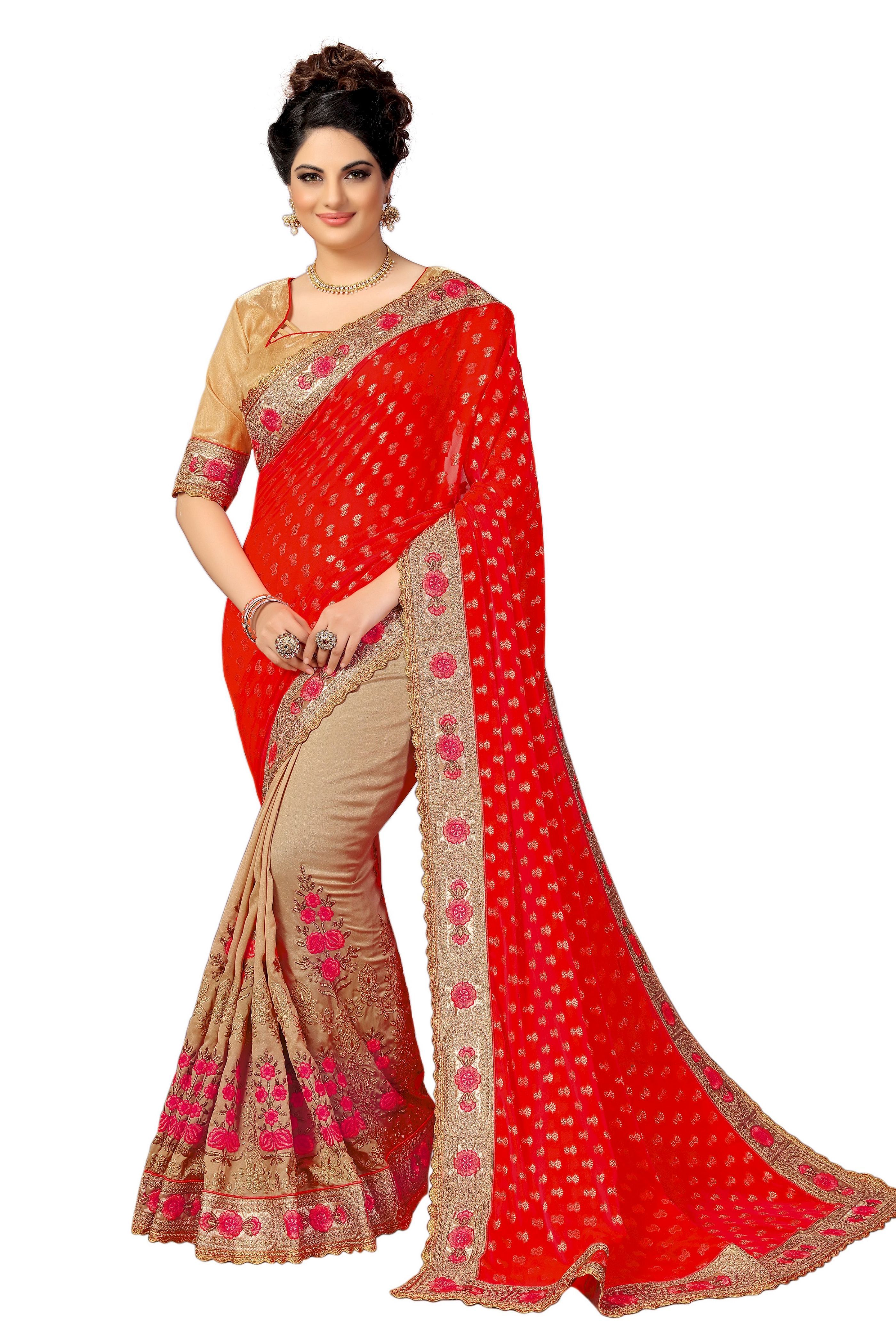 Jacquard Silk Saree - 5.50 Mtr Length With Unstitched Dupion Silk Blouse, Floral Resham Embroidery Design In Pink And Orange
