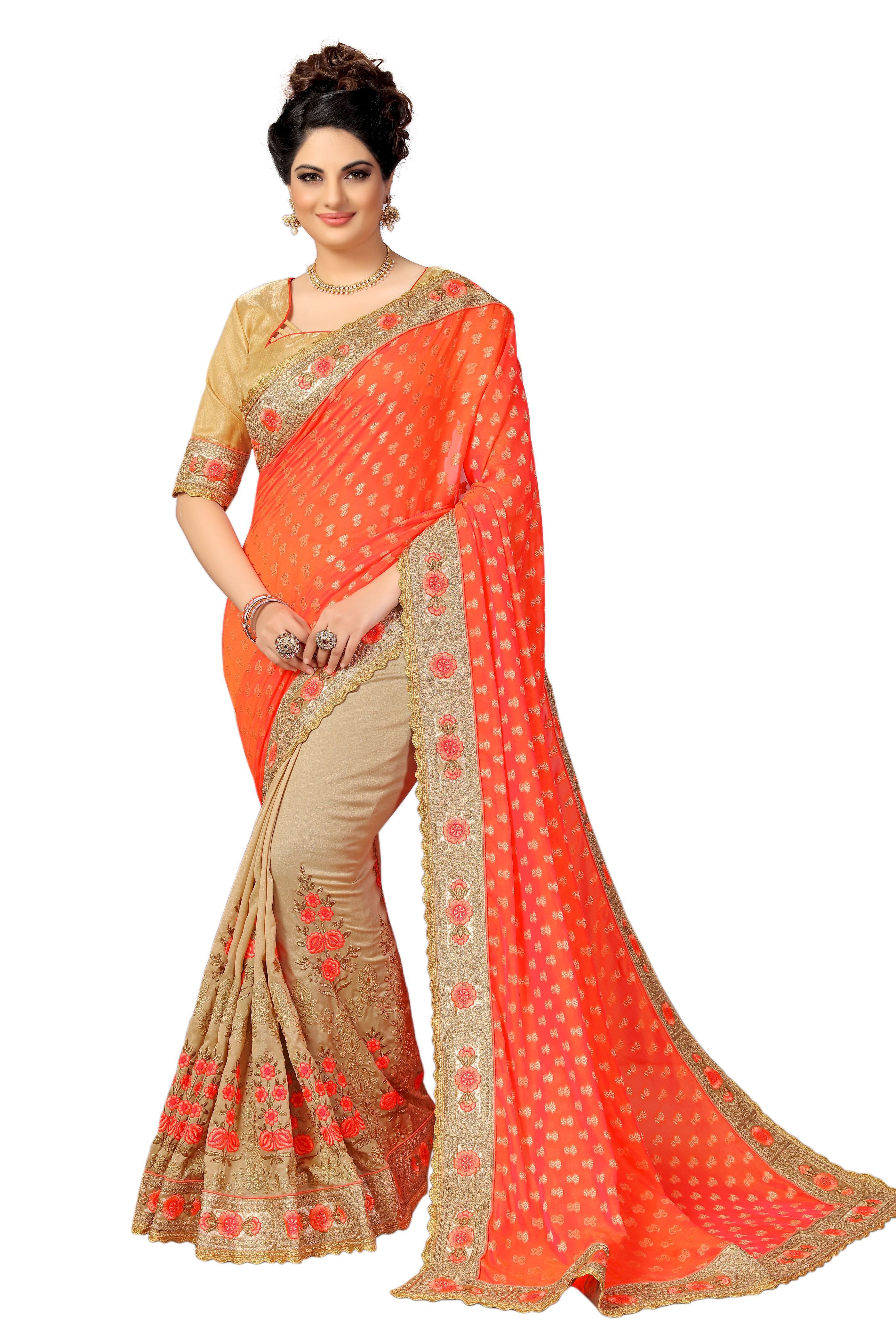 Jacquard Silk Saree - 5.50 Mtr Length With Unstitched Dupion Silk Blouse, Floral Resham Embroidery Design In Pink And Orange