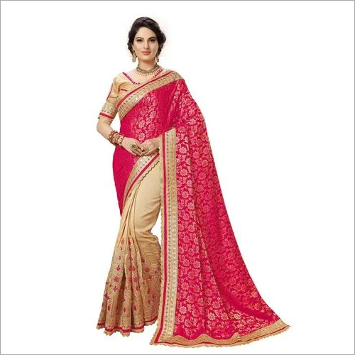 Orange Jacquard Silk Embroidery Saree