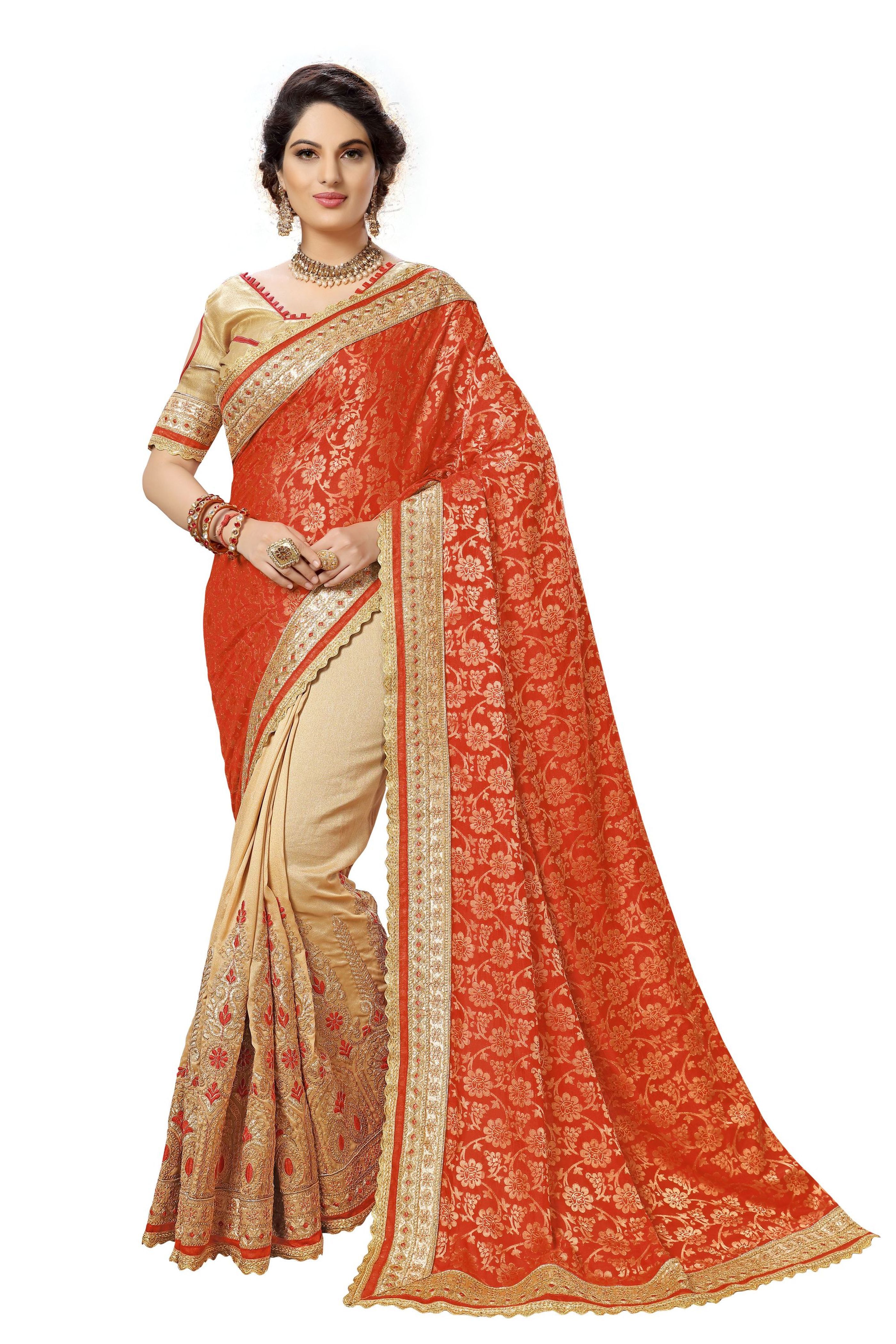 Orange Jacquard Silk Embroidery Saree