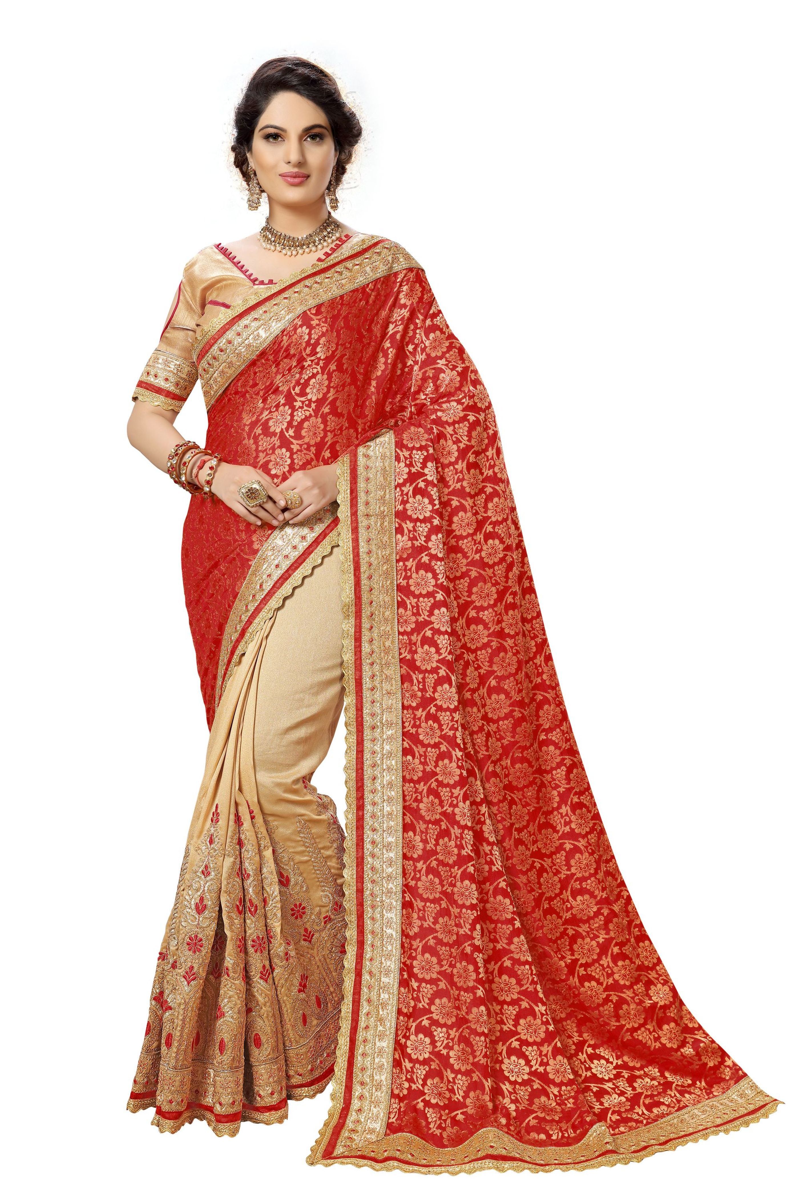 Orange Jacquard Silk Embroidery Saree
