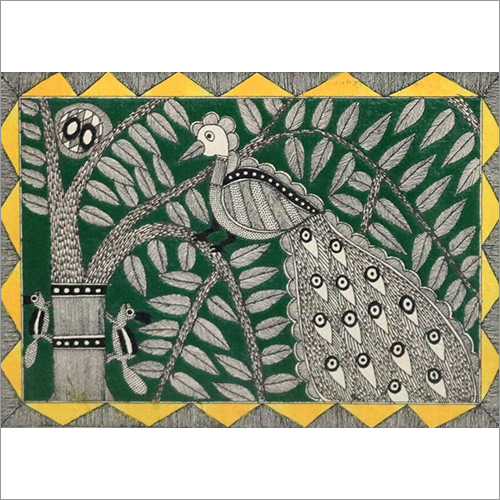 Peacock Painting - Acrylic on Canvas, Medium Size, Yellow and Black Wooden Frame | Traditional Wall Art with Intricate Peacock and Nature Designs