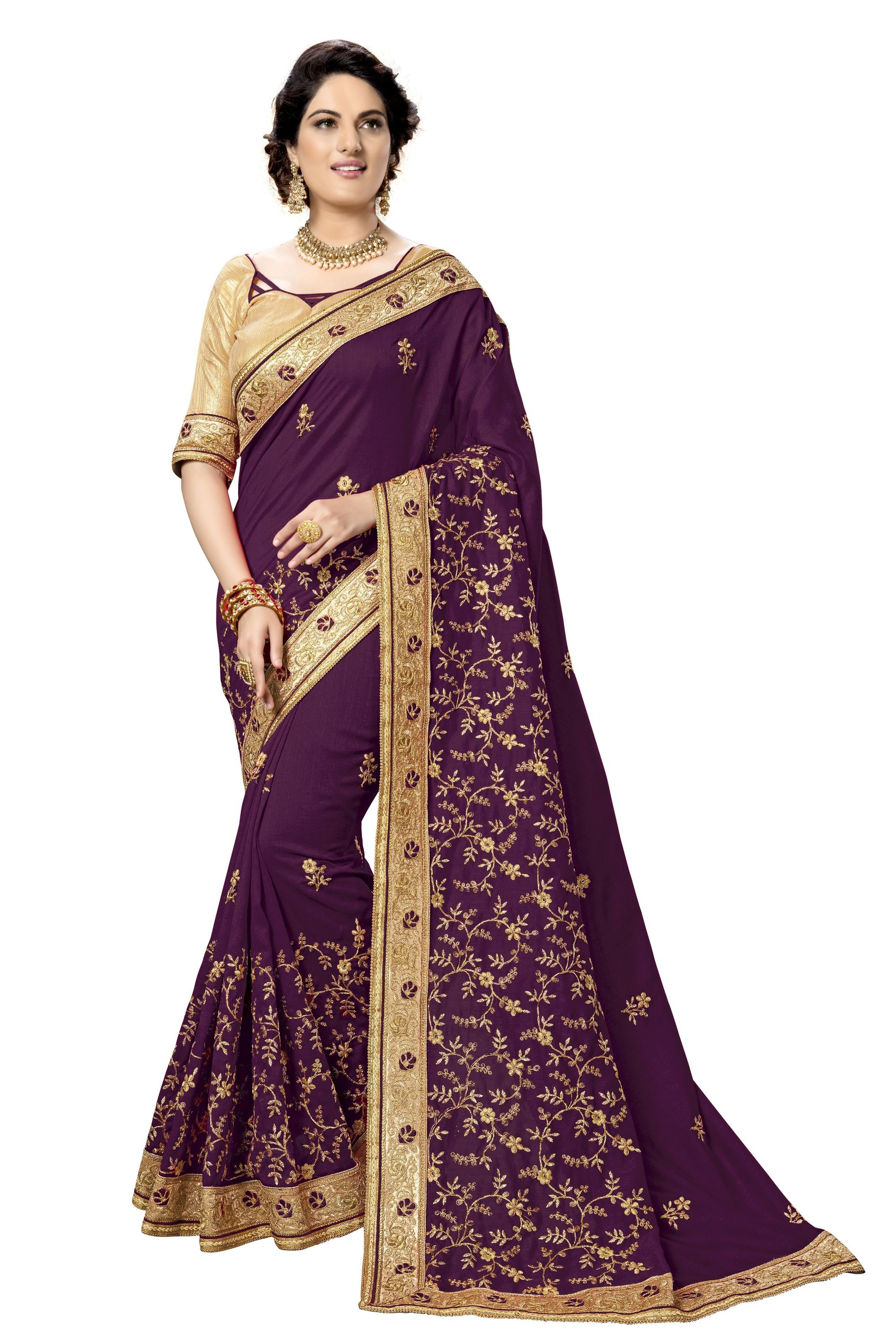 Purple Satin Embroidery Work Saree