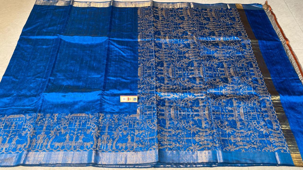 Pure Dupion Raw Silk Handloom Saree - With Worli Weaved Border, Pallu Running Blouse | Elegant Party Wear, Woven Pattern, Suitable For All Seasons