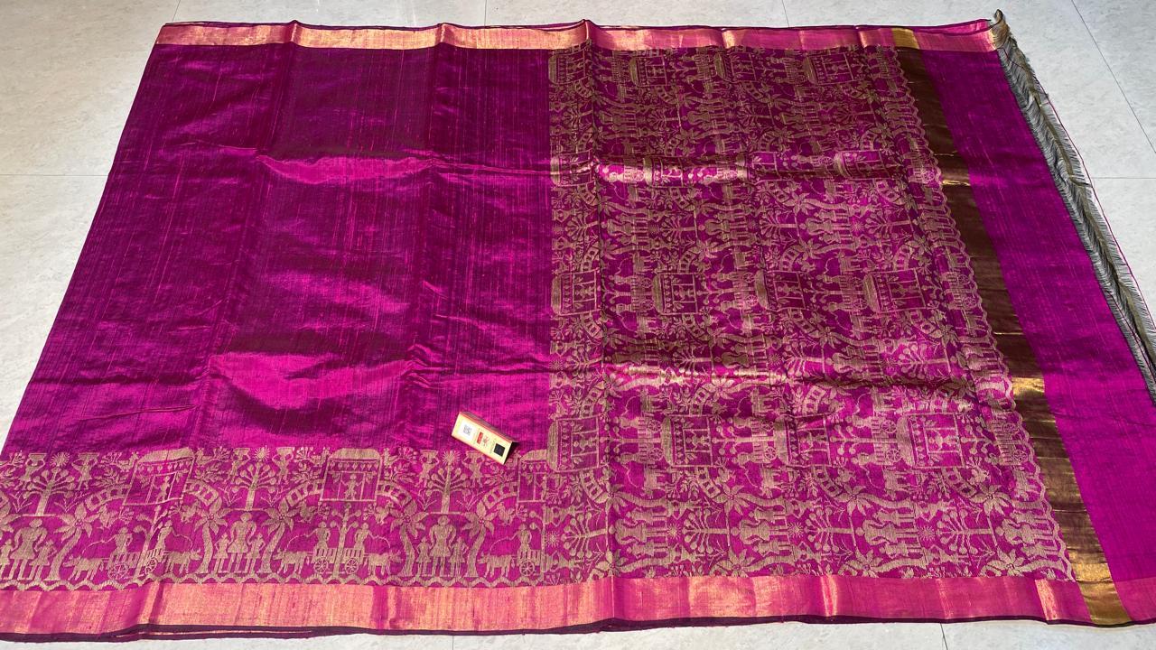 Pure Dupion Raw Silk Handloom Saree - With Worli Weaved Border, Pallu Running Blouse | Elegant Party Wear, Woven Pattern, Suitable For All Seasons