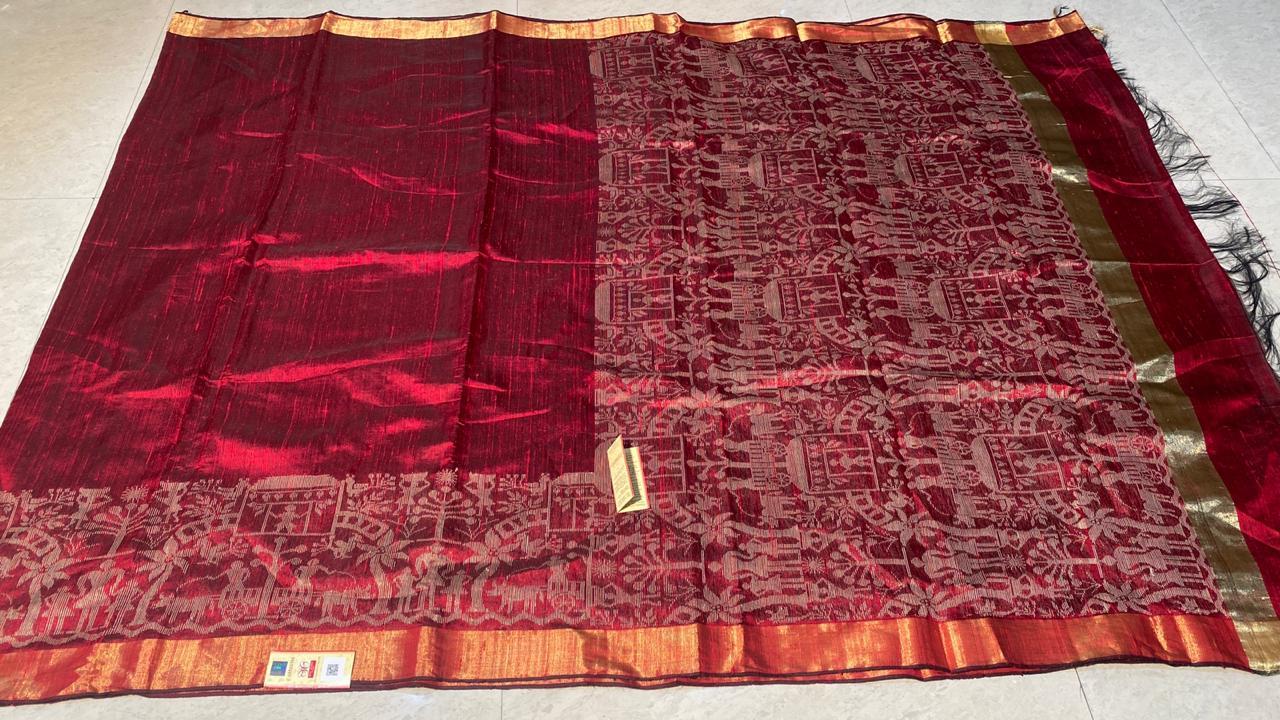 Pure Dupion Raw Silk Handloom Saree - With Worli Weaved Border, Pallu Running Blouse | Elegant Party Wear, Woven Pattern, Suitable For All Seasons