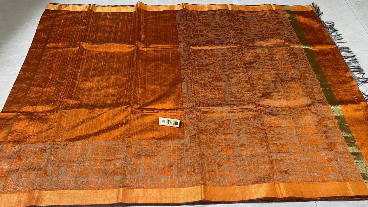 Pure Dupion Raw Silk Handloom Saree - With Worli Weaved Border, Pallu Running Blouse | Elegant Party Wear, Woven Pattern, Suitable For All Seasons