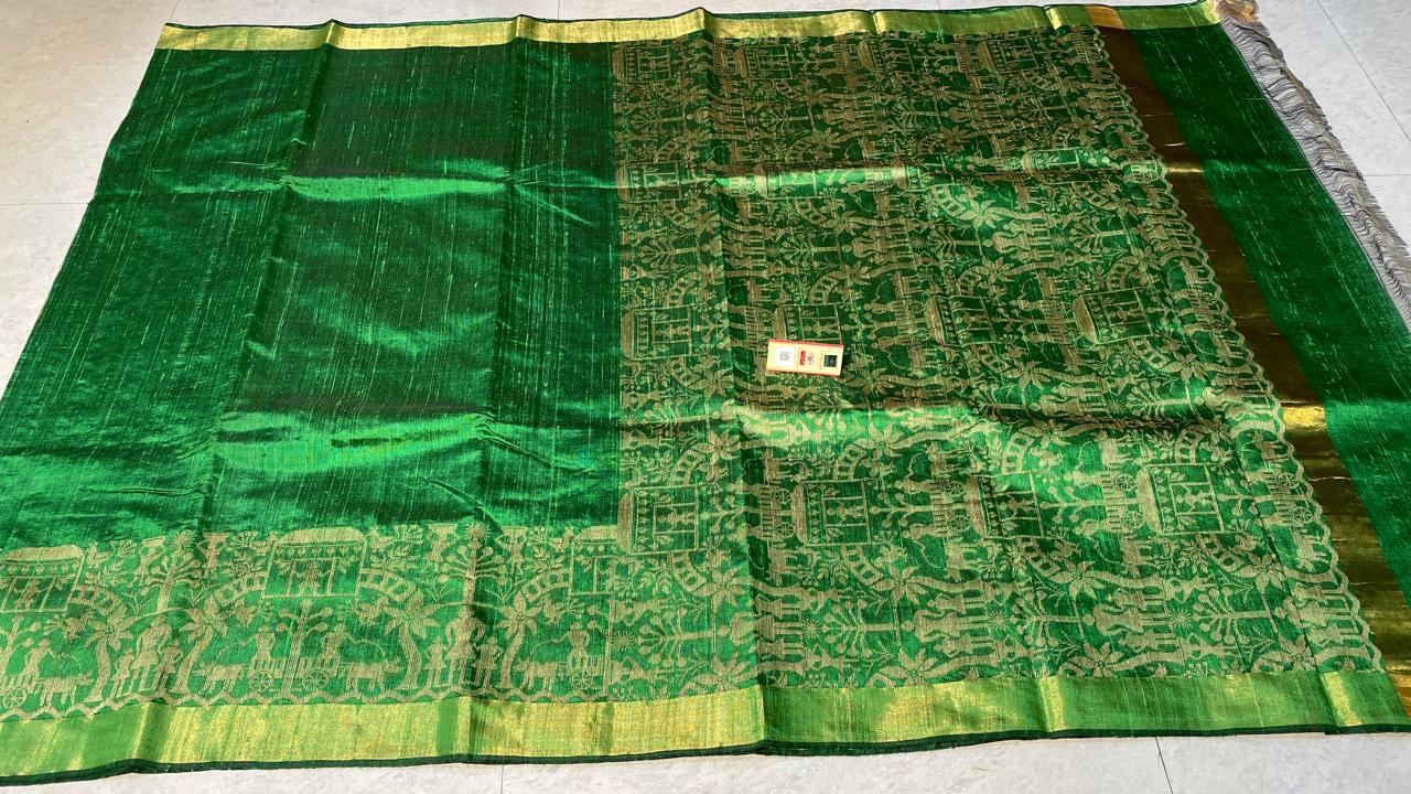 Pure Dupion Raw Silk Handloom Saree - With Worli Weaved Border, Pallu Running Blouse | Elegant Party Wear, Woven Pattern, Suitable For All Seasons