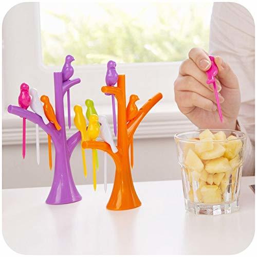 High Quality Plastic Bird Fruit Fork For Vegetable Fruits And Salad Plastic Fruit Fork Set With Stand, 6-pieces