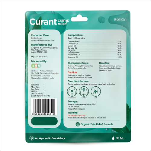 Curant Cramp Relief Roll-on - 10 Ml | Client-centric Formula, Effective Pain Relief For Menstrual Cramps