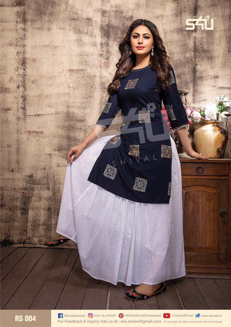 Retro Skirts Kurti Set - Cotton, Sizes L, Xl, 2xl | Lucknowi Embroidery, 3/4 Sleeves, All-season Ladies Party Wear