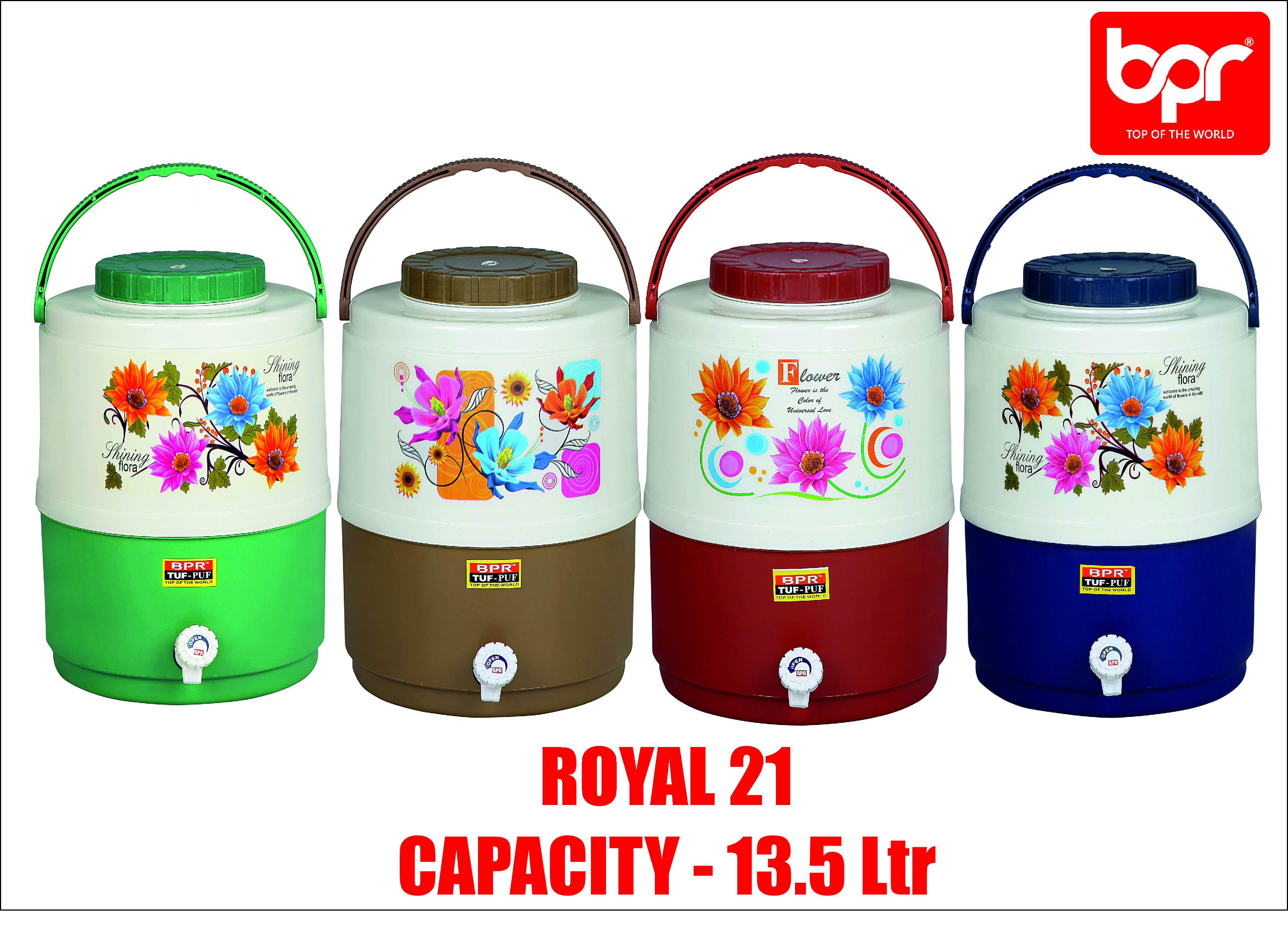 Bpr Water Jugs - Plastic, 13.5 Liter, Red/blue/green/brown | Rigid Handles, Cold Retention For 12 Hours, Lightweight Design