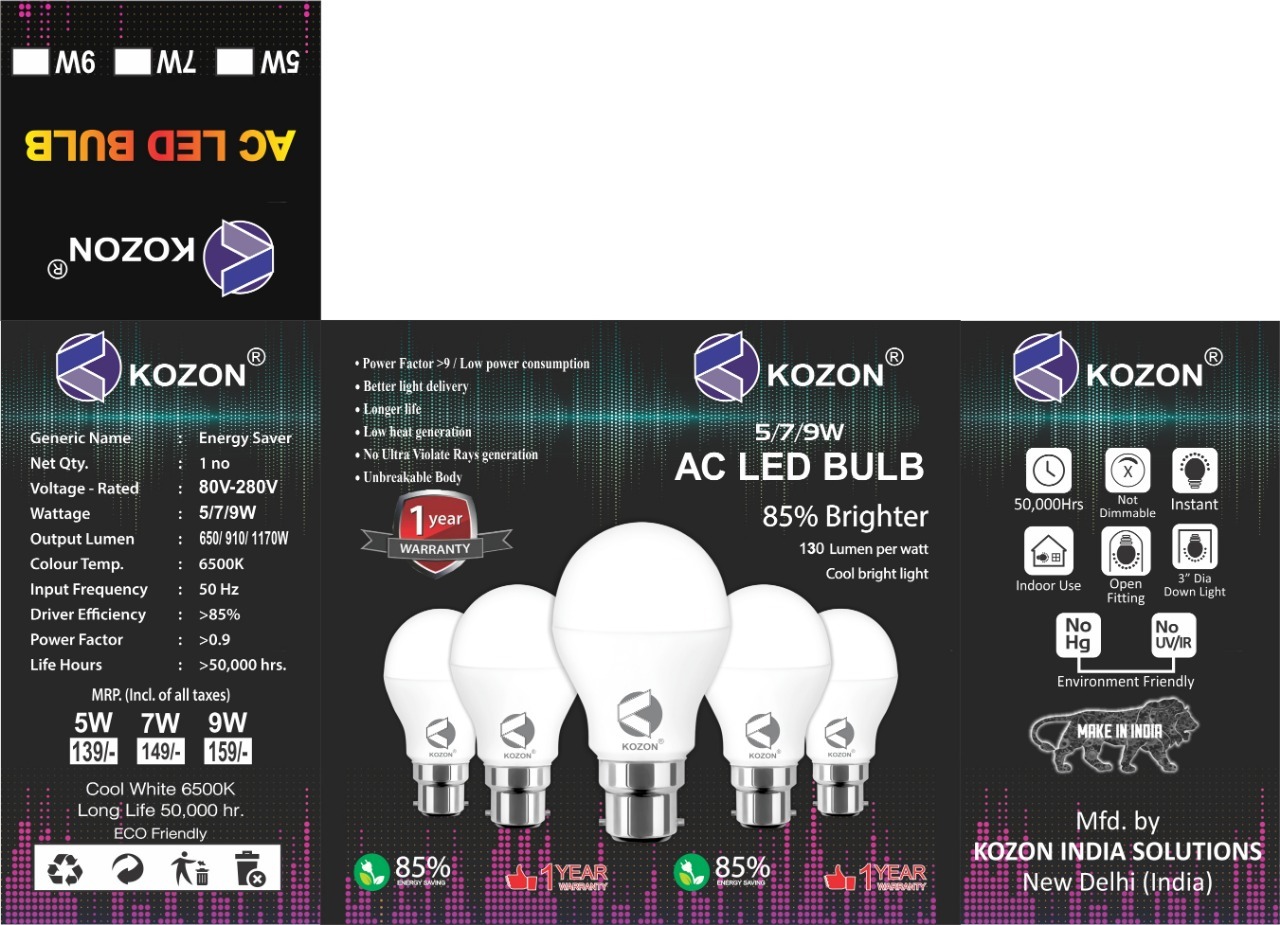 Kozon Lighting - White 12w Led Bulb , Aluminum And Polycarbonate Body, Cool White Color, 85% Energy Saver, Eco-friendly Design, 120 Lumens Per Watt, 2-year Warranty, Ideal For Home And Office