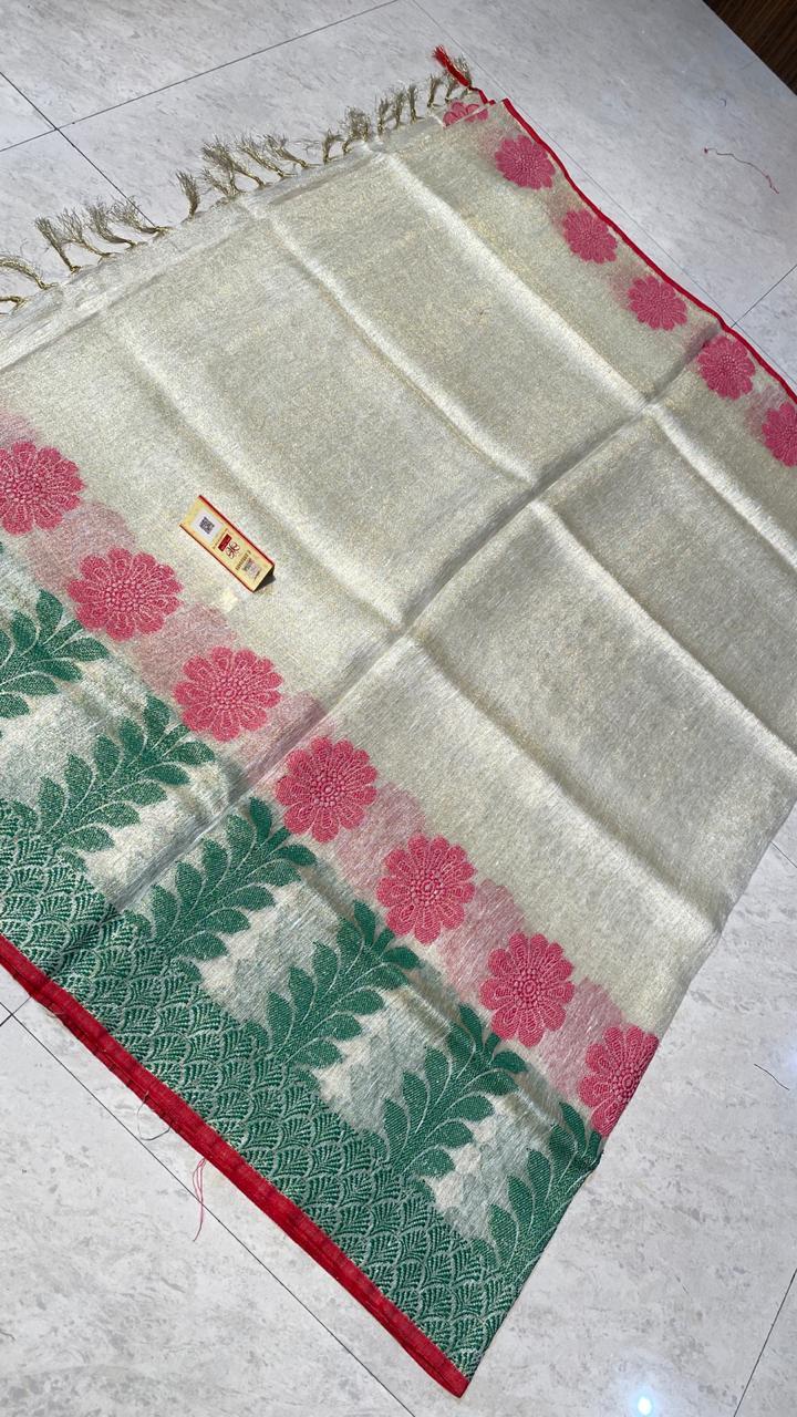 Pure Tissue Linen Jacquard Weaving Saree - Jacquard Fabric, Includes Blouse | Ideal For Party Wear, Suitable For All Seasons