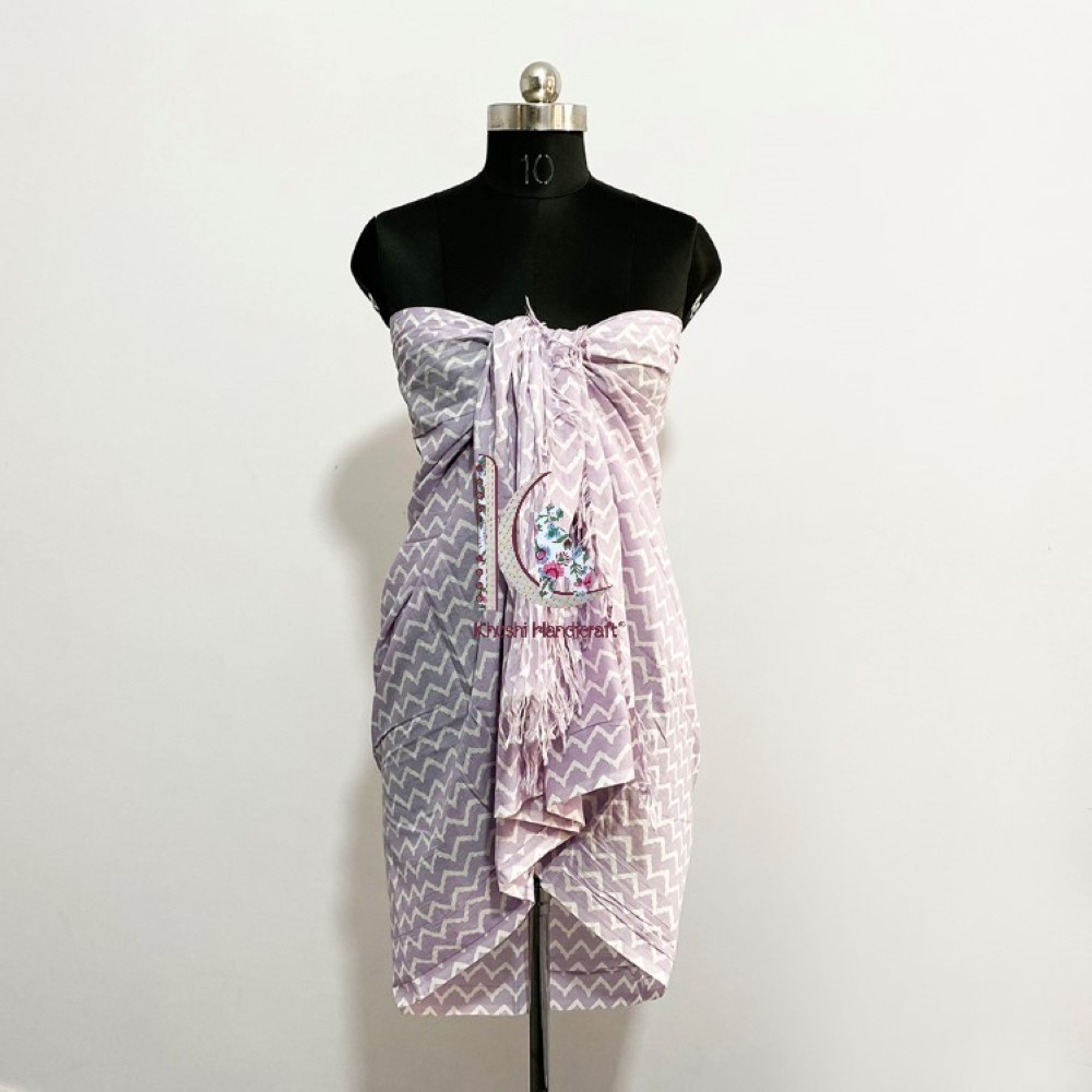 Soft Cotton Sarong Wrap Dress - 44x72 Inches , Purple Hand-printed Floral Design For Unisex Beach Wear