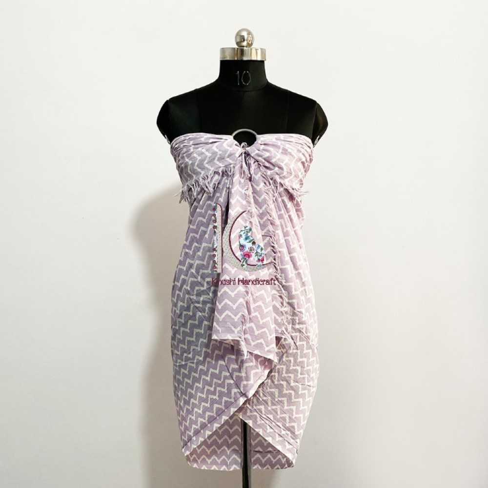 Soft Cotton Sarong Wrap Dress - 44x72 Inches , Purple Hand-printed Floral Design For Unisex Beach Wear