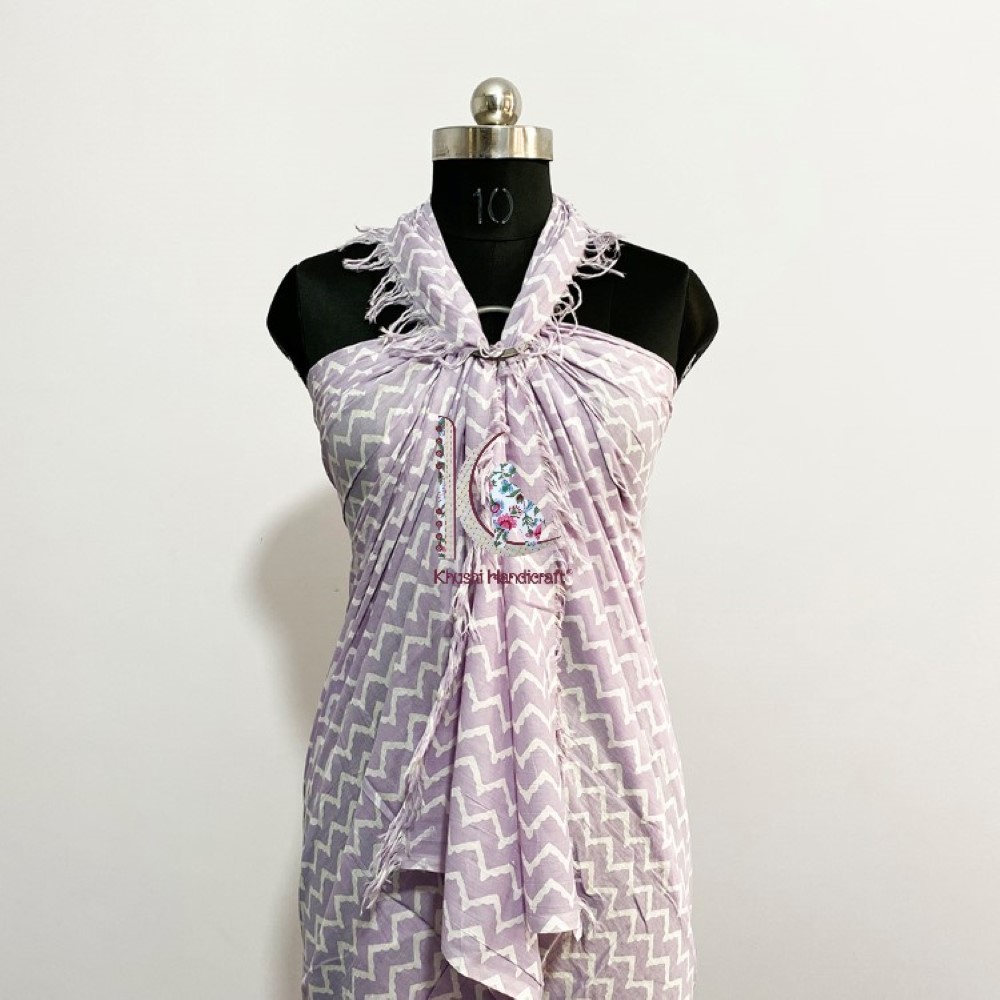 Soft Cotton Sarong Wrap Dress - 44x72 Inches , Purple Hand-printed Floral Design For Unisex Beach Wear
