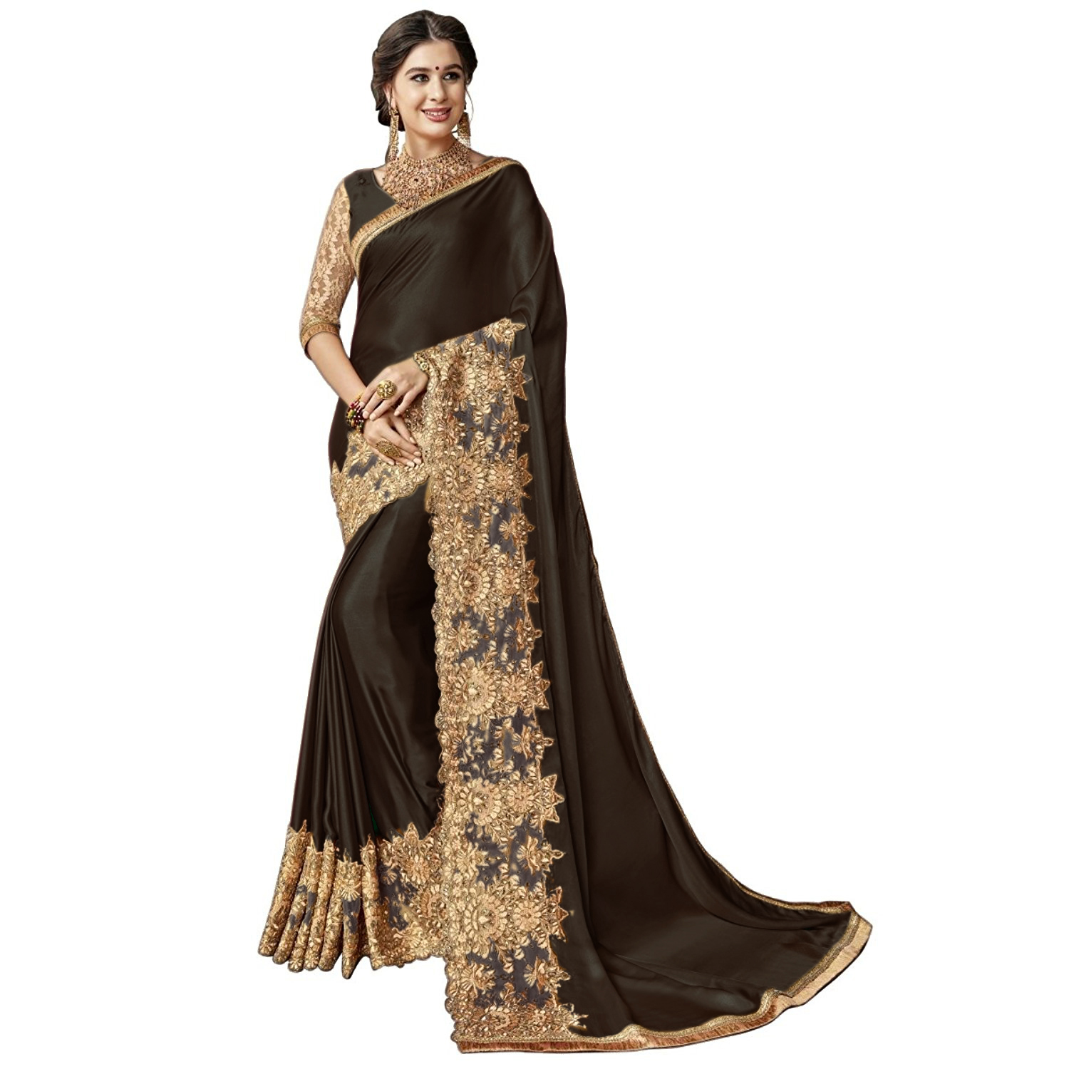 Lycra Silk Blend Saree - 5.50 Mtr Length, Wide Embroidered Border & Stone Work | Unstitched Dupion Silk Blouse Piece, Ideal For Festive & Party Occasions