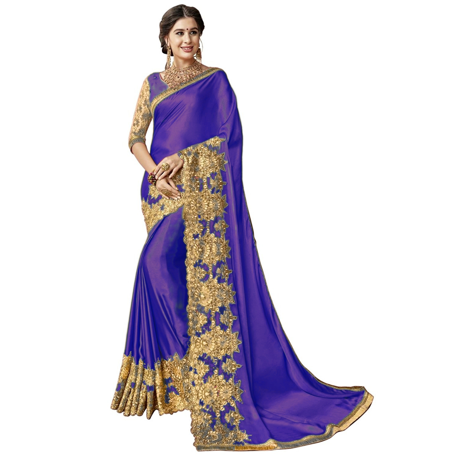 Lycra Silk Blend Saree - 5.50 Mtr Length, Wide Embroidered Border & Stone Work | Unstitched Dupion Silk Blouse Piece, Ideal For Festive & Party Occasions