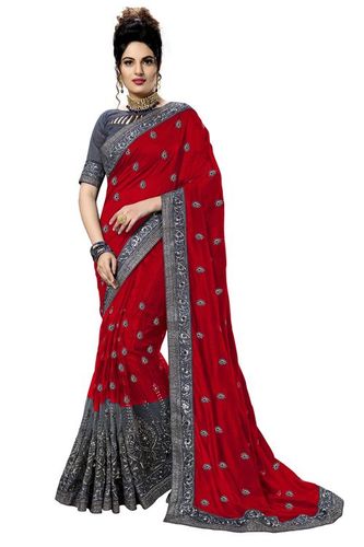 लाल साटन और नेट कढ़ाई वाली वर्क साड़ी
