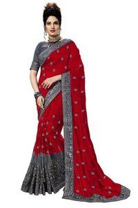 Red Satin & Net Embroidered Work Saree